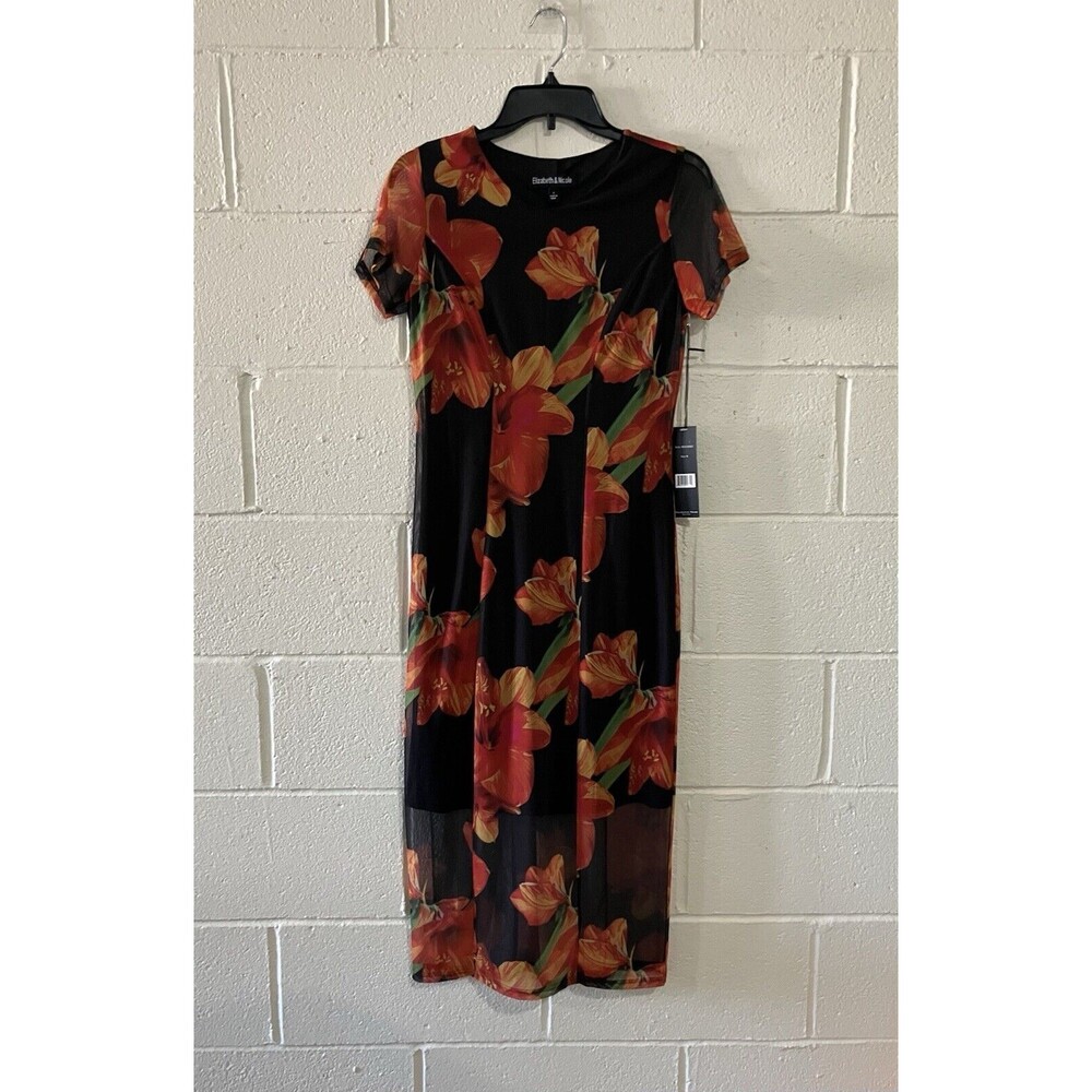 Elizabeth & Nicole floral print Maxi dress Size S Color Black & Orange NWT